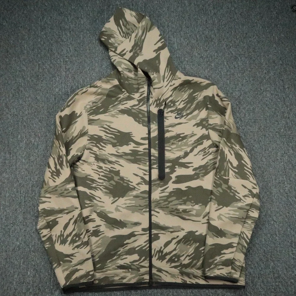 Nike Hoodie Mens XXL Tall Green Beige Camo Tech Fleece Full Zip Pocket